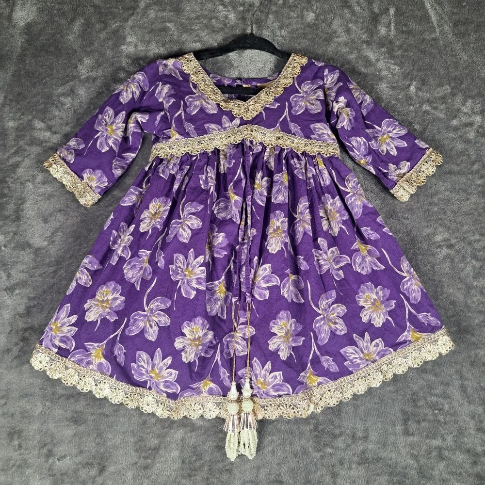 RidoKidz‎ Purple Floral Alia Cut Kurti Top Indian Ethnic Cotton Dress Beaded